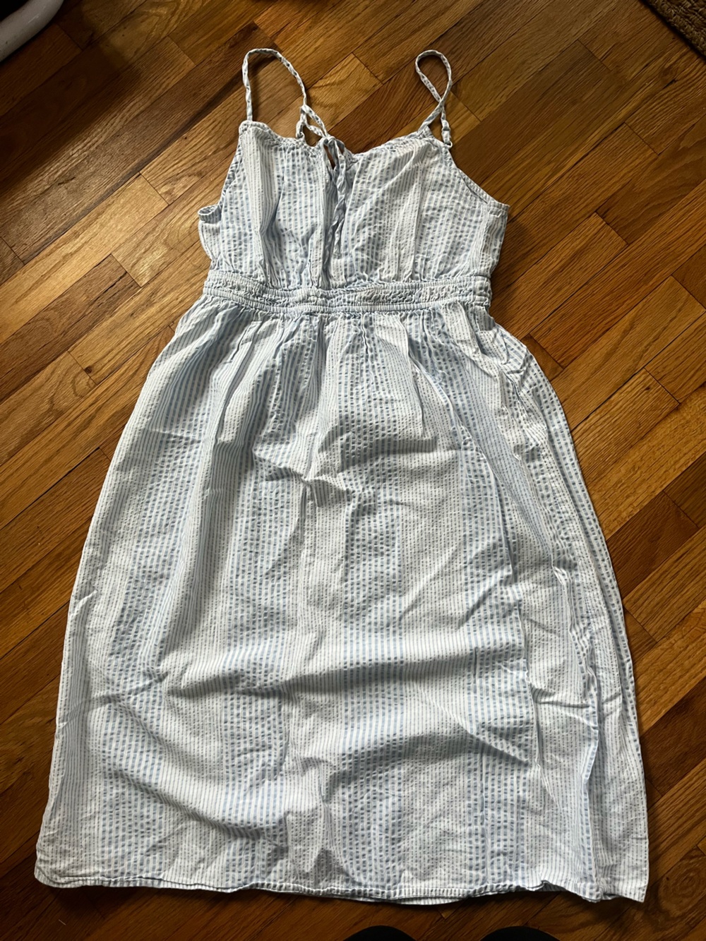 LOFT Light Blue Striped Sundress with Smocked Waist